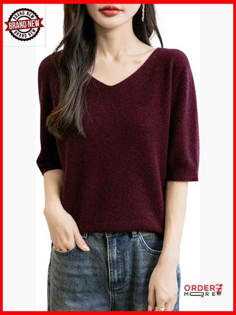 V-Neck 100% Merino Wool Seamless Knit Short Sleeve Sweater